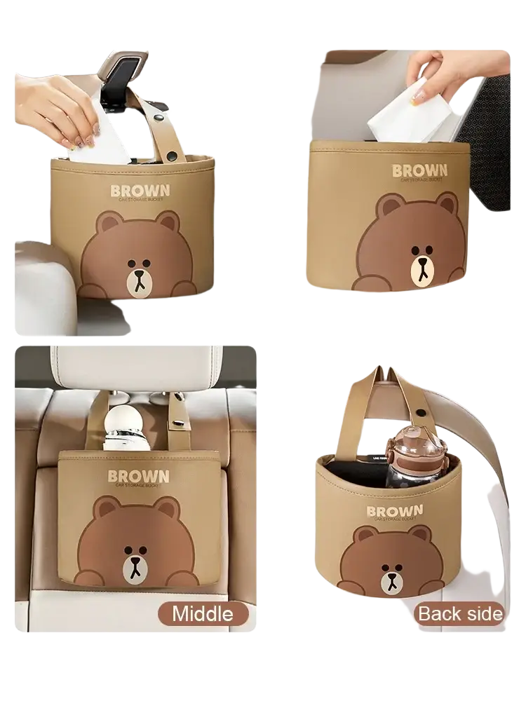 Beige brown bear-themed car tissue holder made of pu leather with soft fabric and sturdy handle for back seat organization