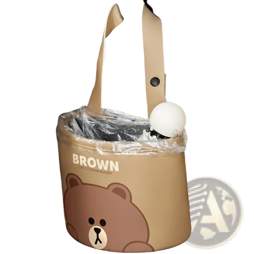Beige cylindrical pu leather car storage bucket with cartoon bear face and tan fabric handles for back seat organization