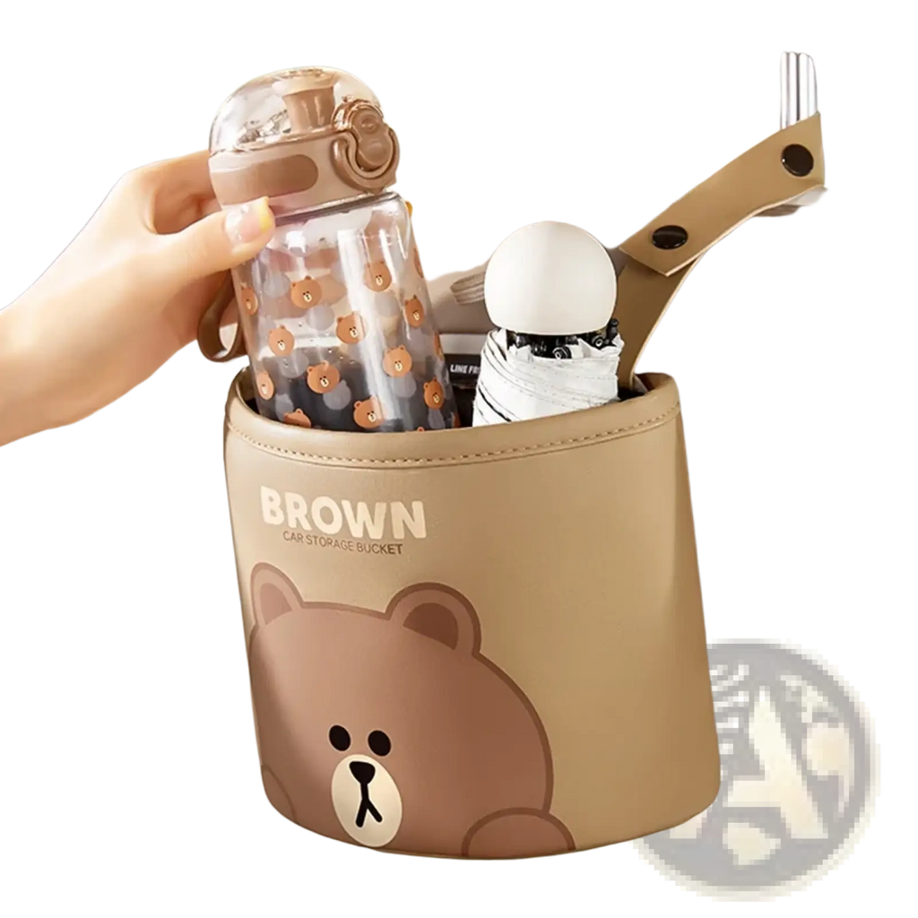 Beige line friends brown car storage bucket with cartoon bear face and brown branding for car seat organization in pu leather