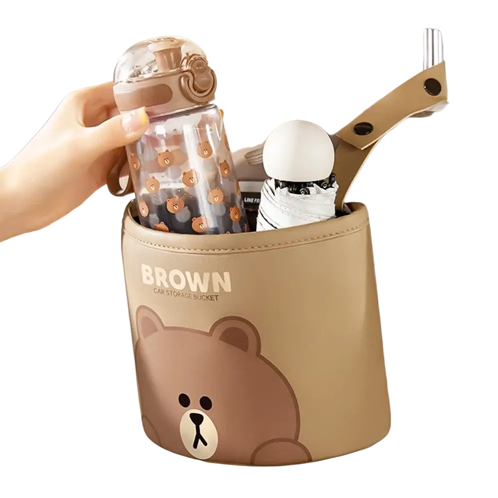Beige line friends brown car storage bucket with cartoon bear face and brown branding for car seat organization in pu leather