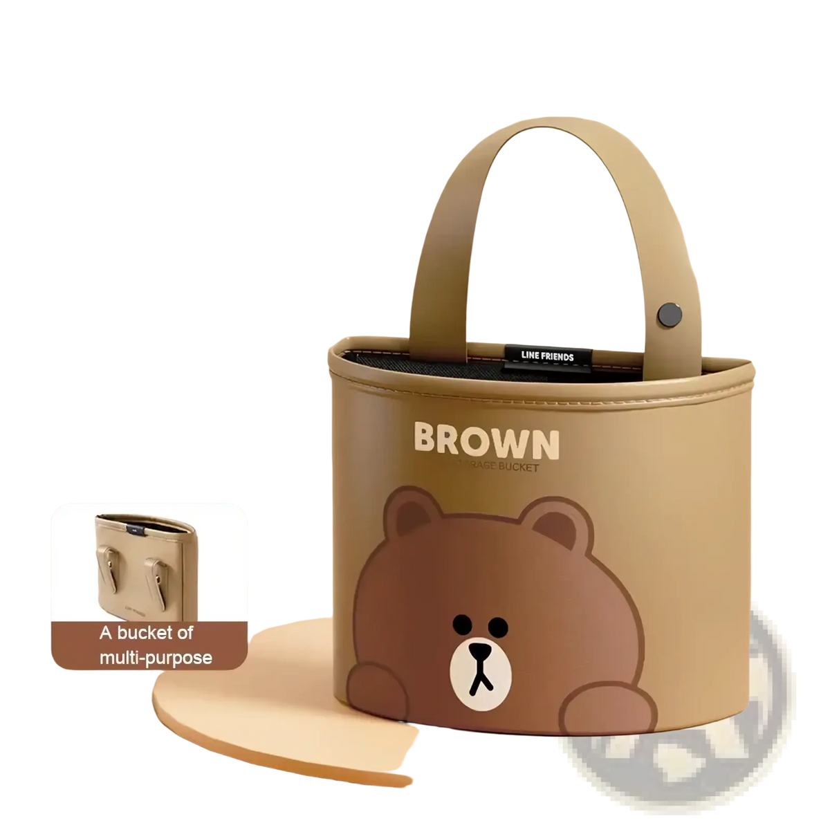 Brown line friends car seat organizer bucket with cartoon bear face made of soft fabric and pu leather back seat bag