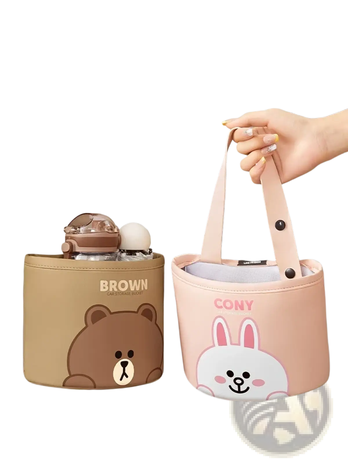 Car seat organizer cartoon bear pu leather back seat bag with pink and beige cup holders featuring brown and cony characters