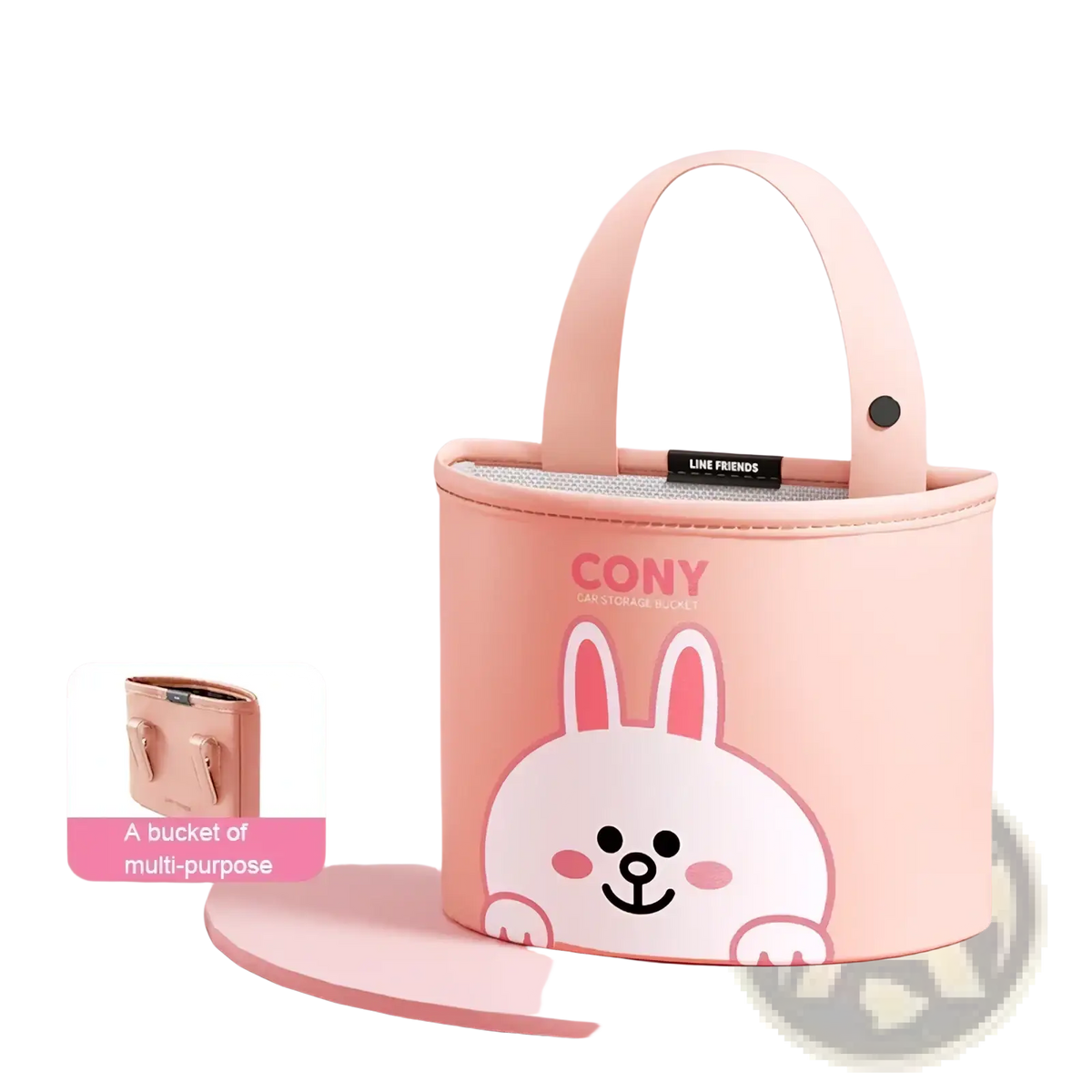 Pink cylindrical pu leather car seat organizer bucket with cartoon rabbit design and cony branding