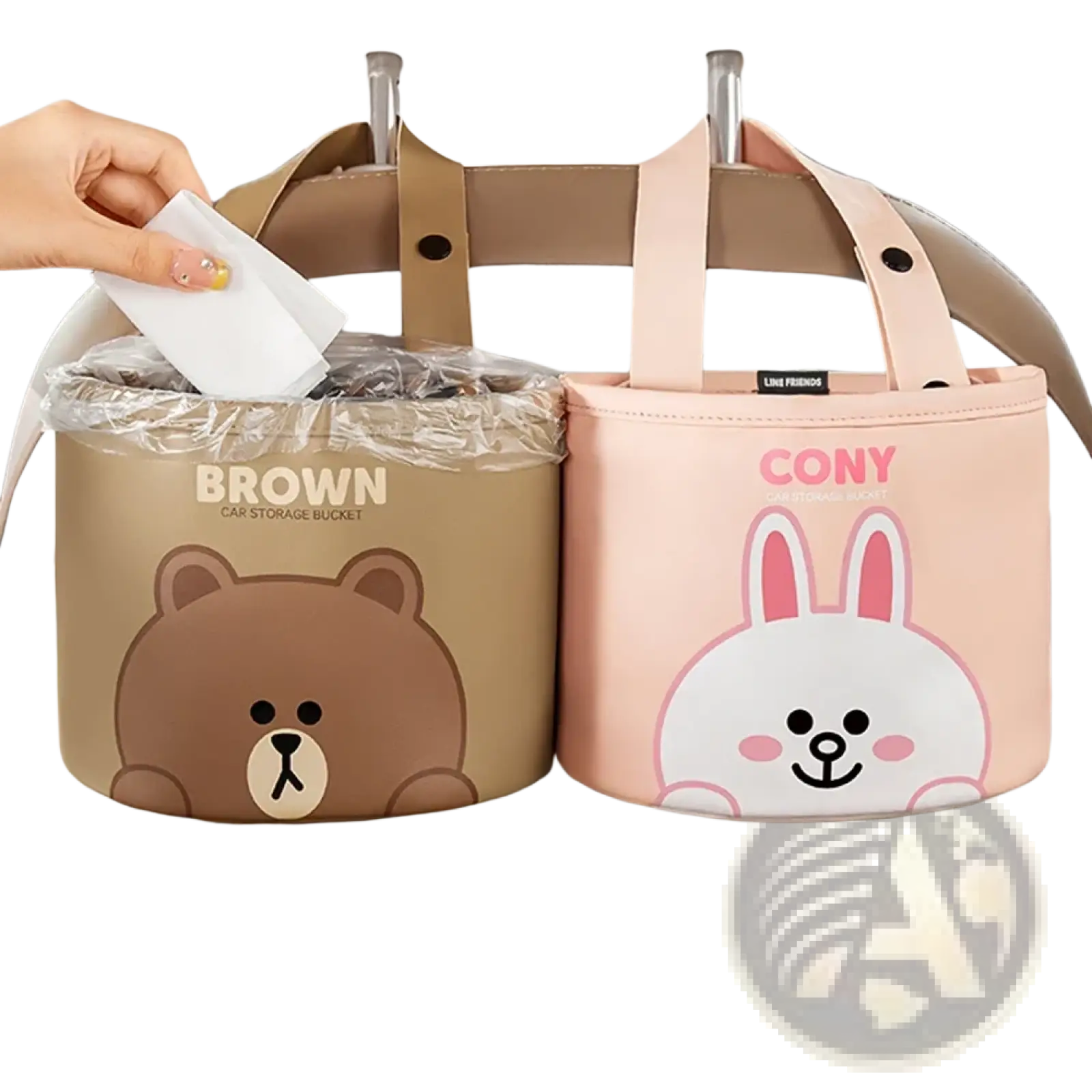Two cartoon-themed car storage buckets with fabric handles featuring brown bear and pink bunny faces in pu leather