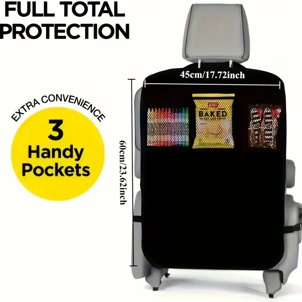 Black waterproof car seat organizer back side with three pockets holding crayons and snack bags for backseat use