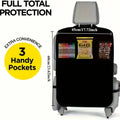 Black waterproof car seat organizer back side with three pockets holding crayons and snack bags for backseat use