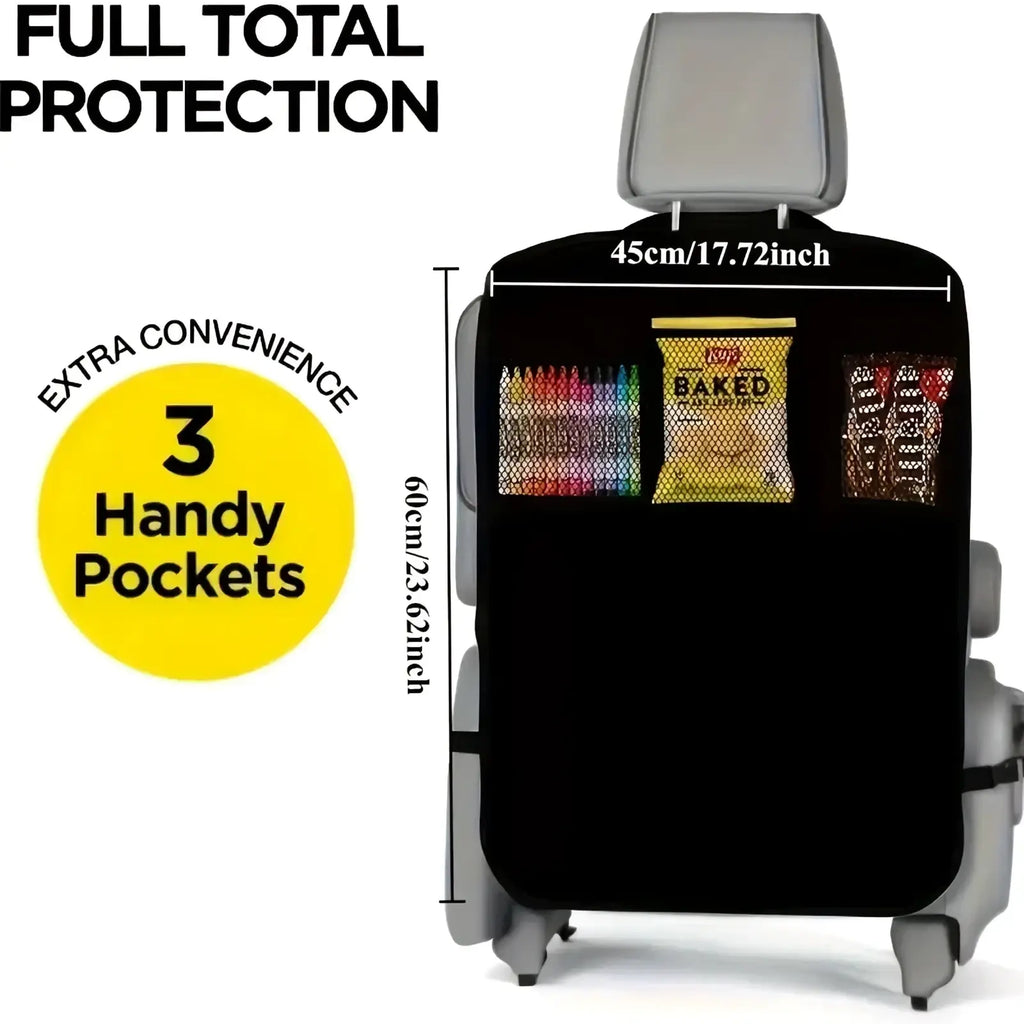 Black waterproof car seat organizer back side with three pockets for snacks and small items protector