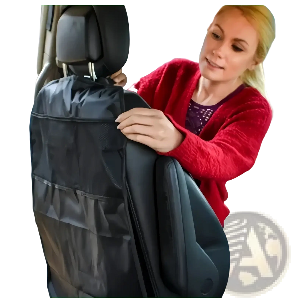 Black fabric waterproof car seat organizer backseat protector with multiple pockets showing the back side of the product