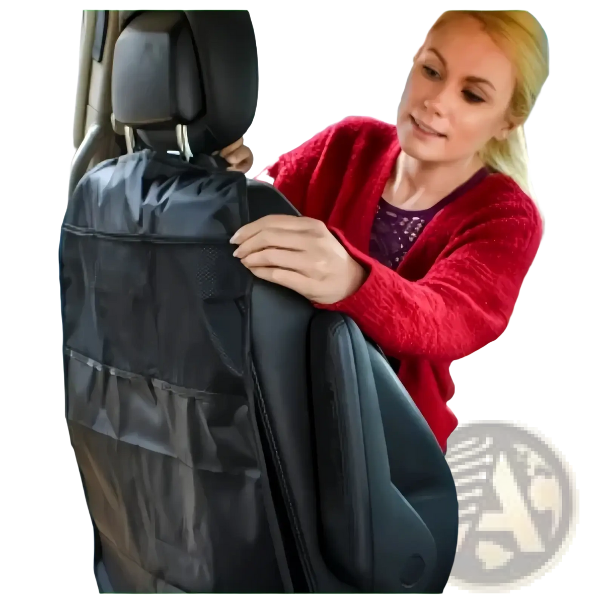 Black fabric waterproof car seat organizer backseat protector with multiple pockets showing the back side of the product