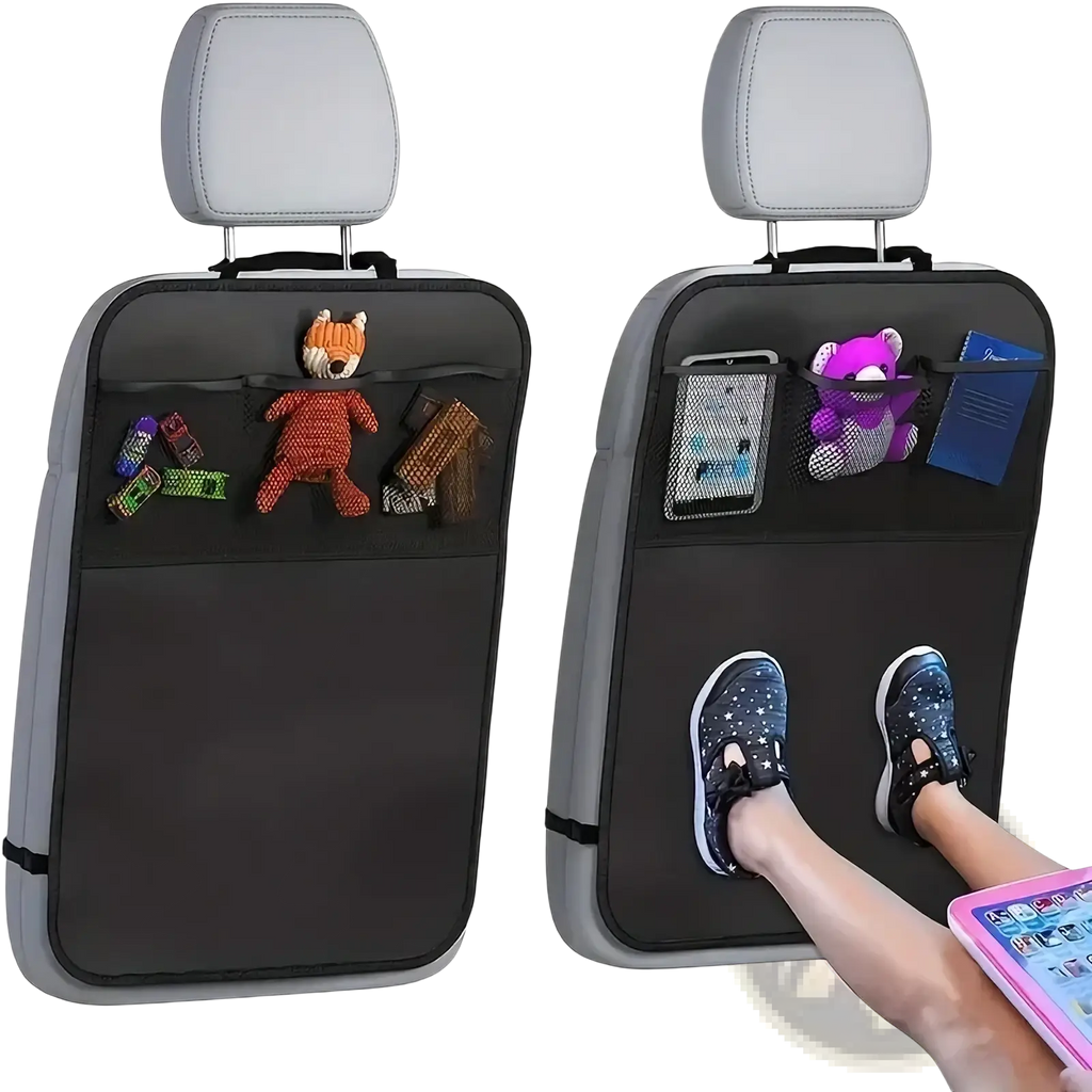 Black and gray waterproof car seat organizer back side with multiple pockets holding toys phone and shoes