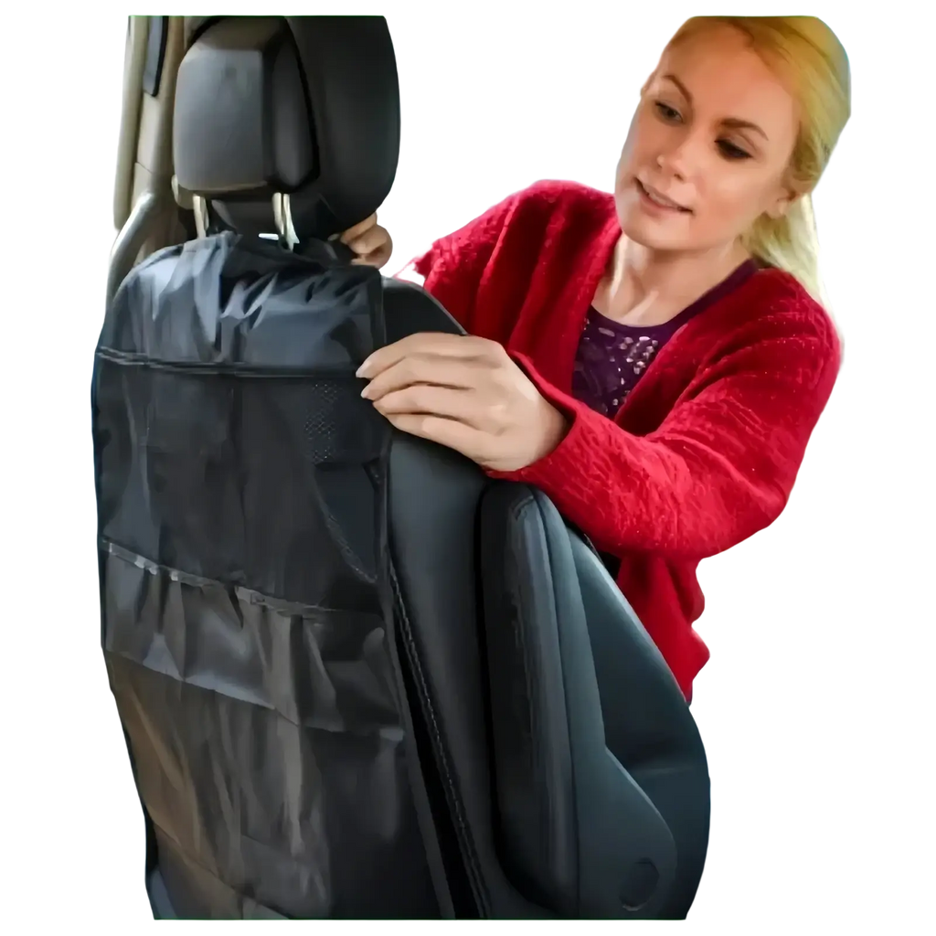 Black fabric waterproof car seat organizer backseat protector with multiple pockets showing the back side of the product