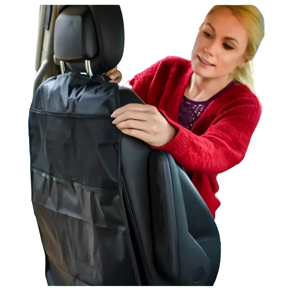 Black fabric waterproof car seat organizer backseat protector with multiple pockets showing the back side of the product