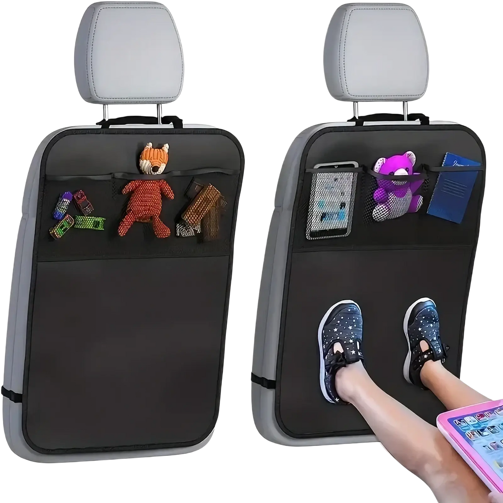Black and gray waterproof car seat organizer back side with multiple pockets holding toys phone and shoes