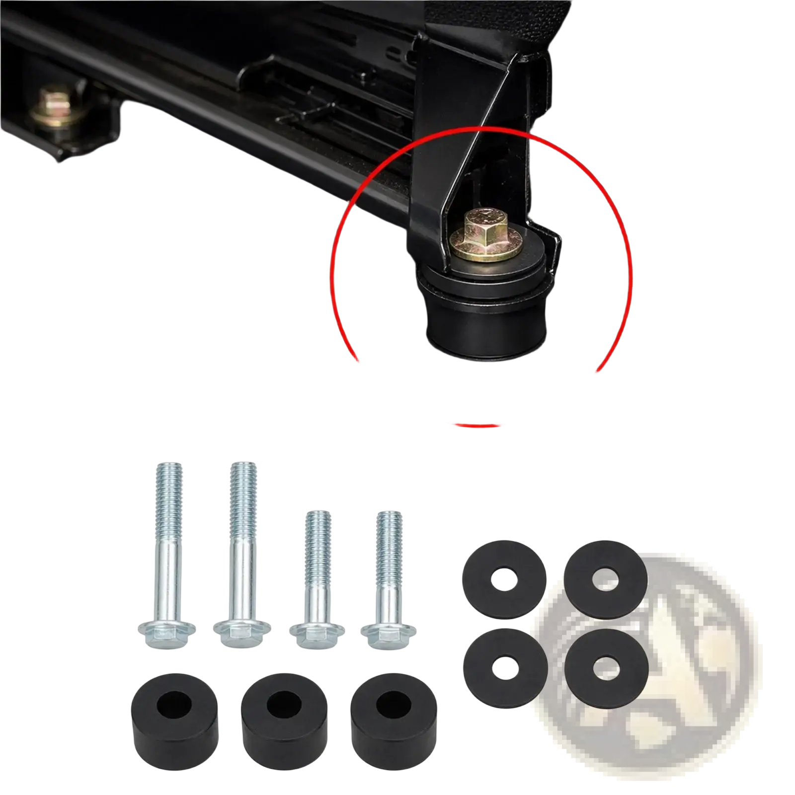 Black rubber bumper pad with gold hex bolt and nut for car seat spacer lift kit front seat recline risers