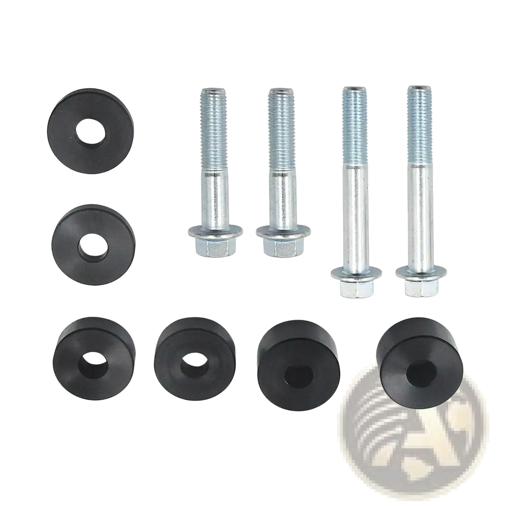 Set of four silver threaded bolts with hexagonal heads and black rubber bushings for car seat spacer lift kit