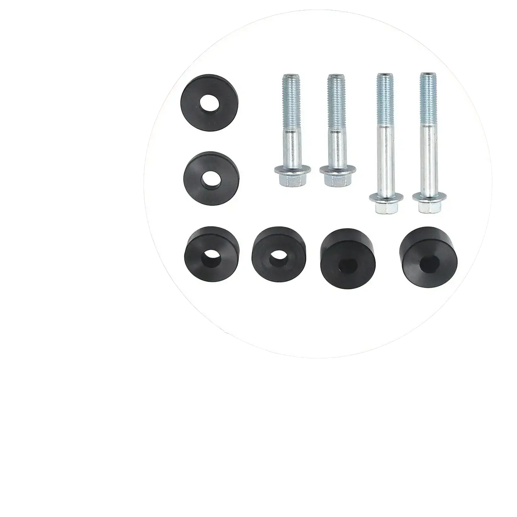Set of four silver metal bolts and six black rubber washers for car seat spacer lift kit front seat recline risers