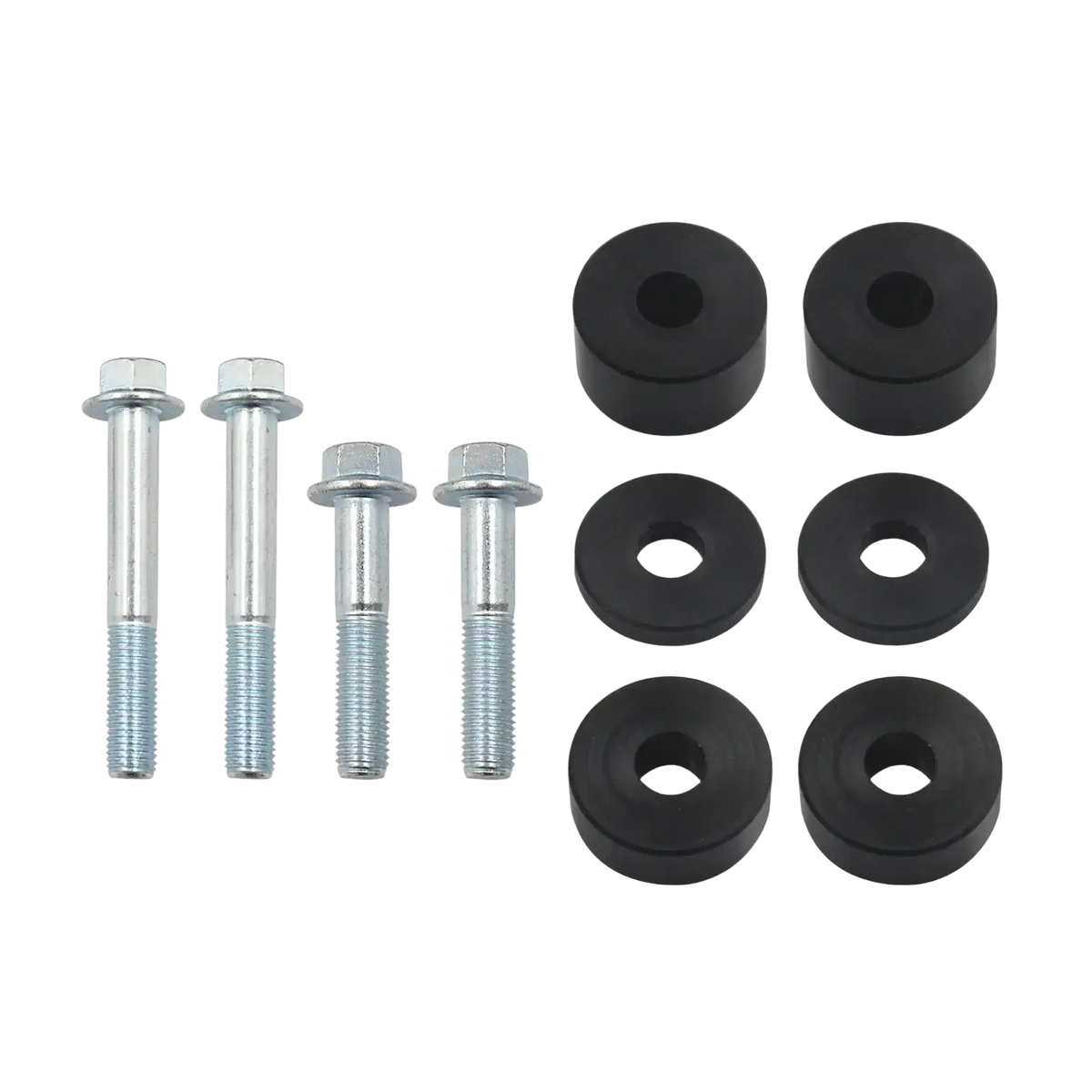 Set of four silver metal bolts and six black rubber bushings for car seat spacer lift kit front seat recline risers