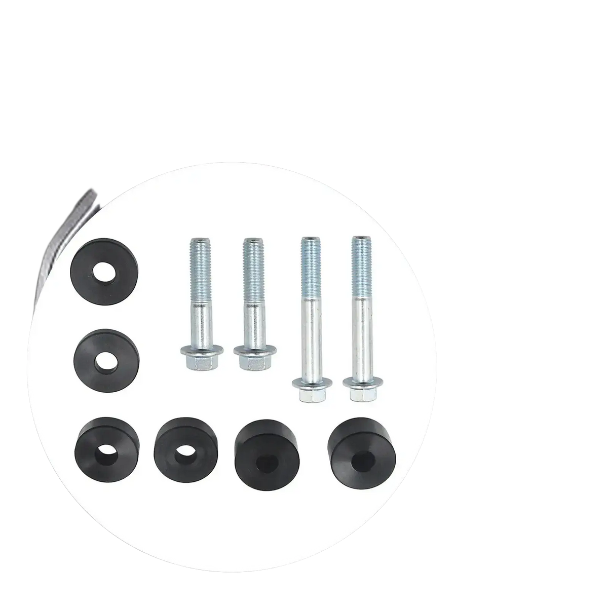Set of four silver metal bolts with hex heads and black rubber washers for car seat spacer lift kit front seat risers