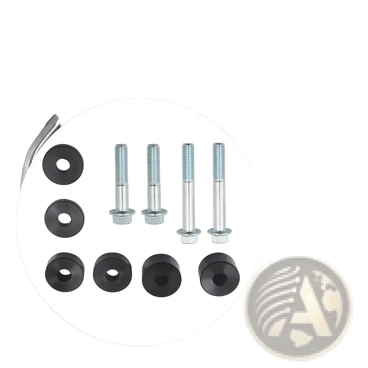 Set of four silver metal bolts with hex heads and black rubber washers for car seat spacer lift kit front seat risers