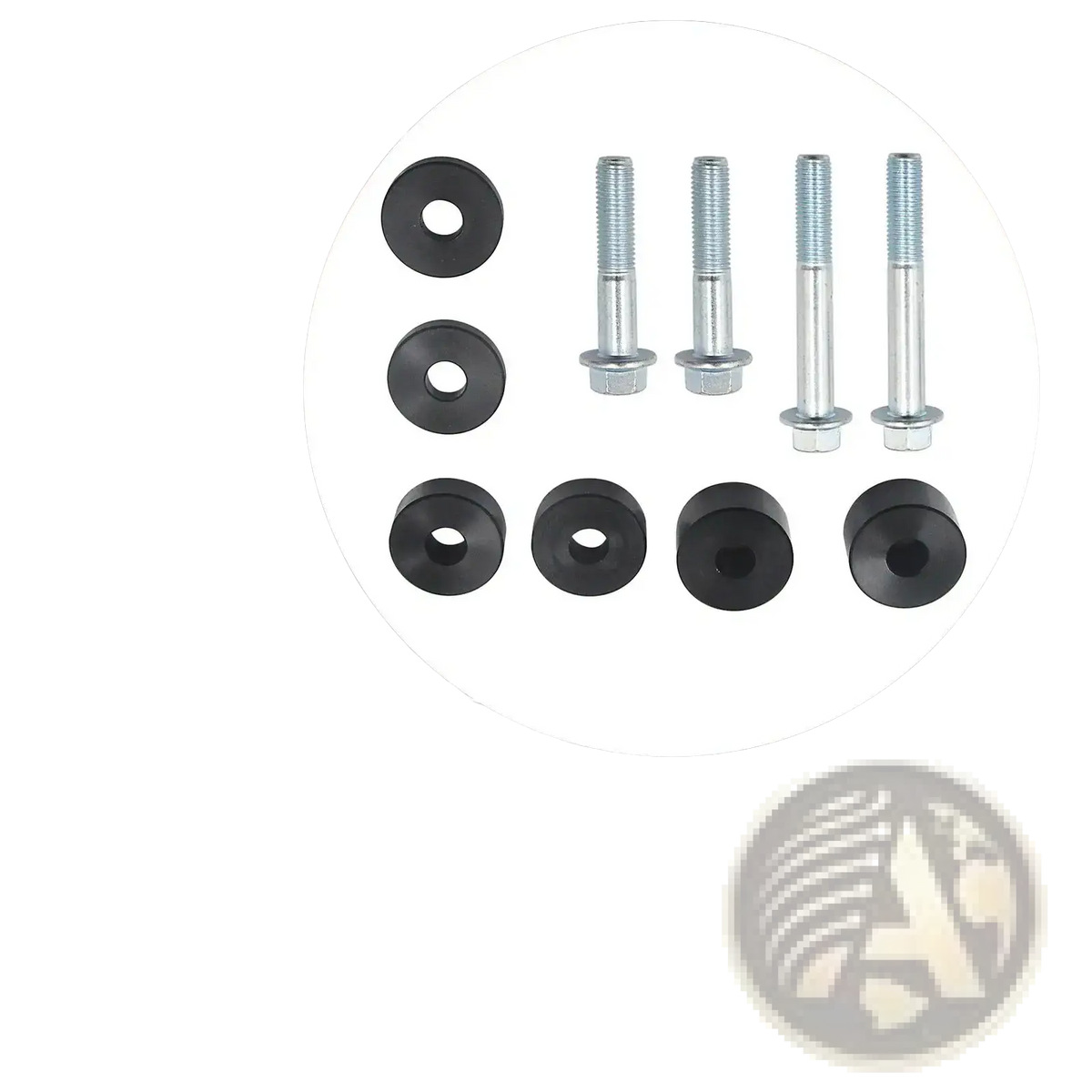 Set of four silver metal bolts and six black rubber washers for car seat spacer lift kit front seat recline risers