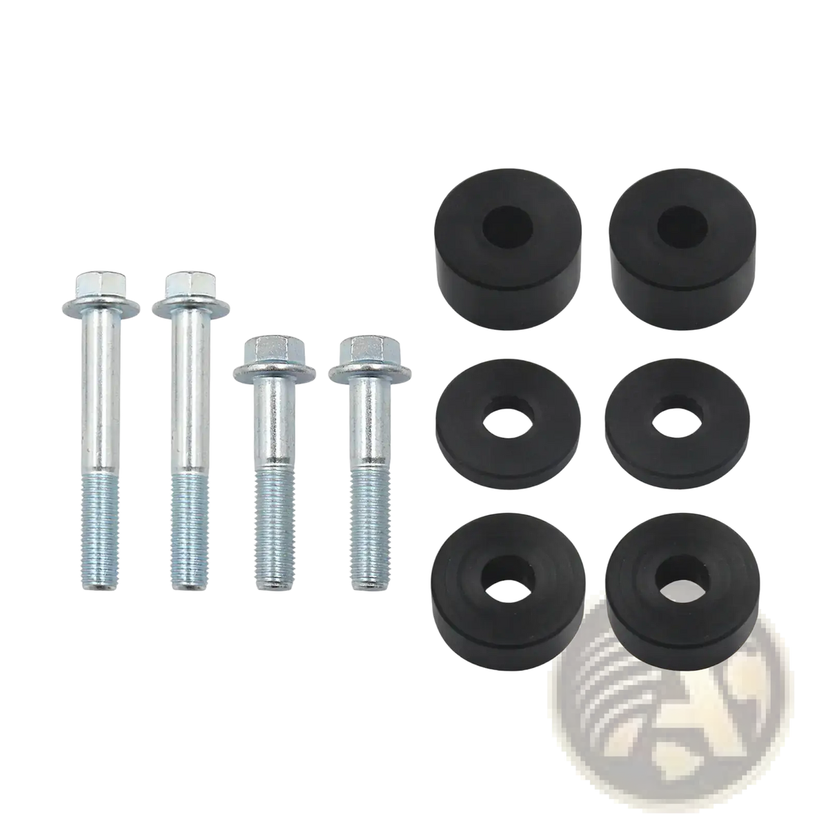 Set of four silver metal bolts and six black rubber bushings for car seat spacer lift kit front seat recline risers