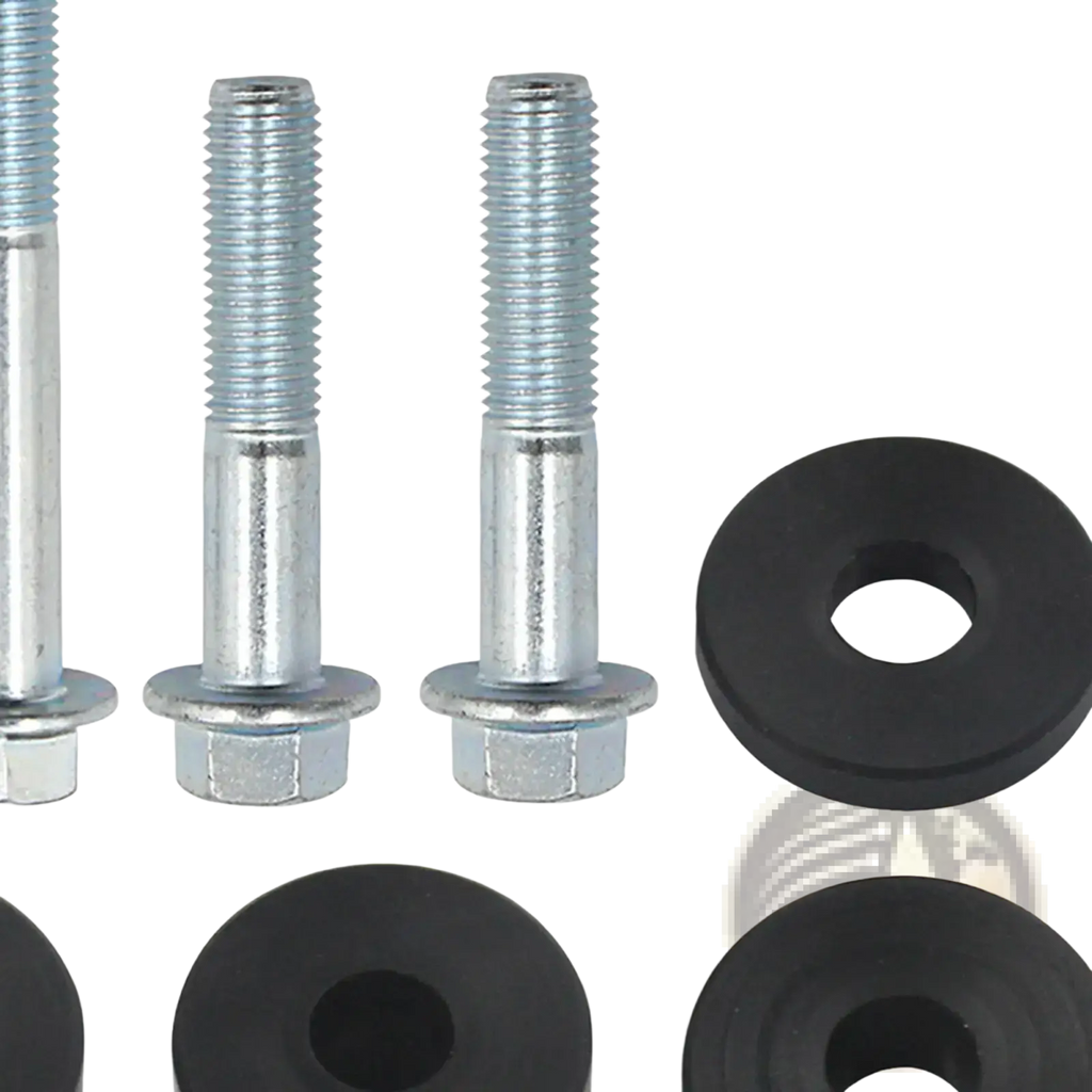 Set of silver metal bolts with hexagonal heads and black rubber washers for car seat spacer lift kit front seat risers