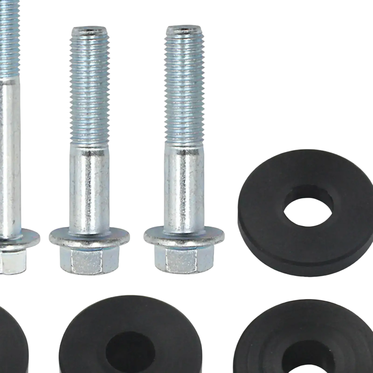 Set of silver metal bolts with hexagonal heads and black rubber washers for car seat spacer lift kit front seat risers