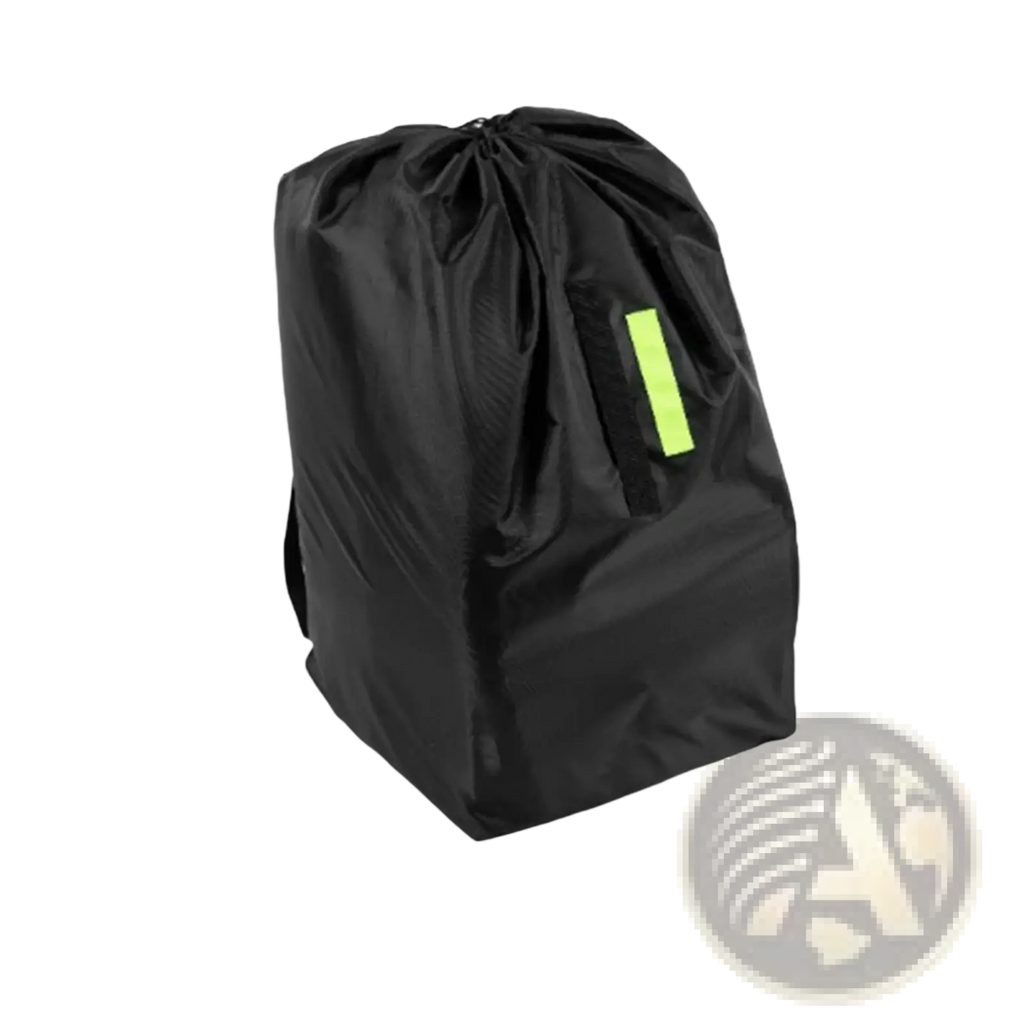 Black waterproof car seat travel bag with bright lime green reflective strip on the side and drawstring closure