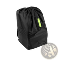 Black waterproof car seat travel bag with bright lime green reflective strip on the side and drawstring closure