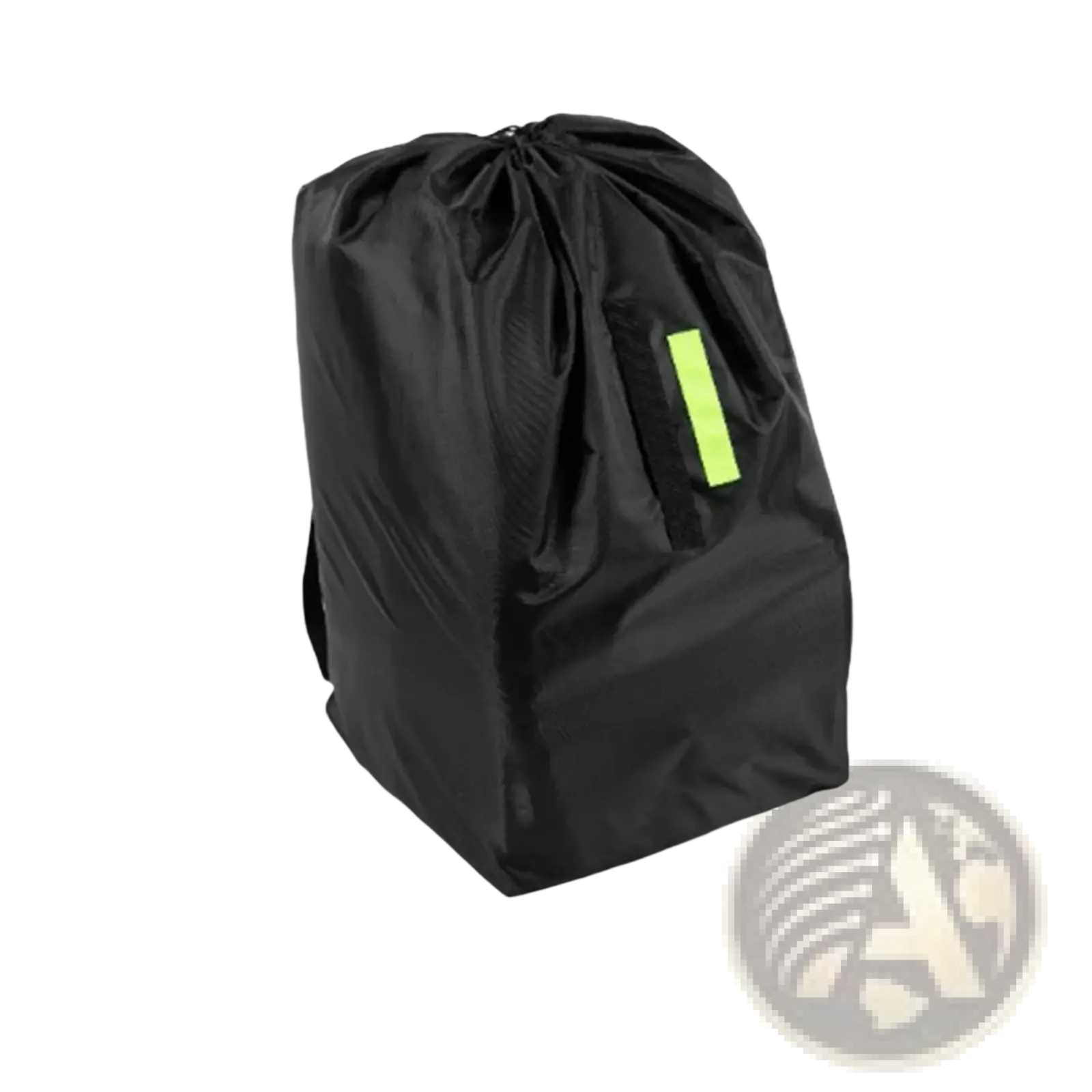 Black waterproof car seat travel bag with bright lime green reflective strip on the side and drawstring closure