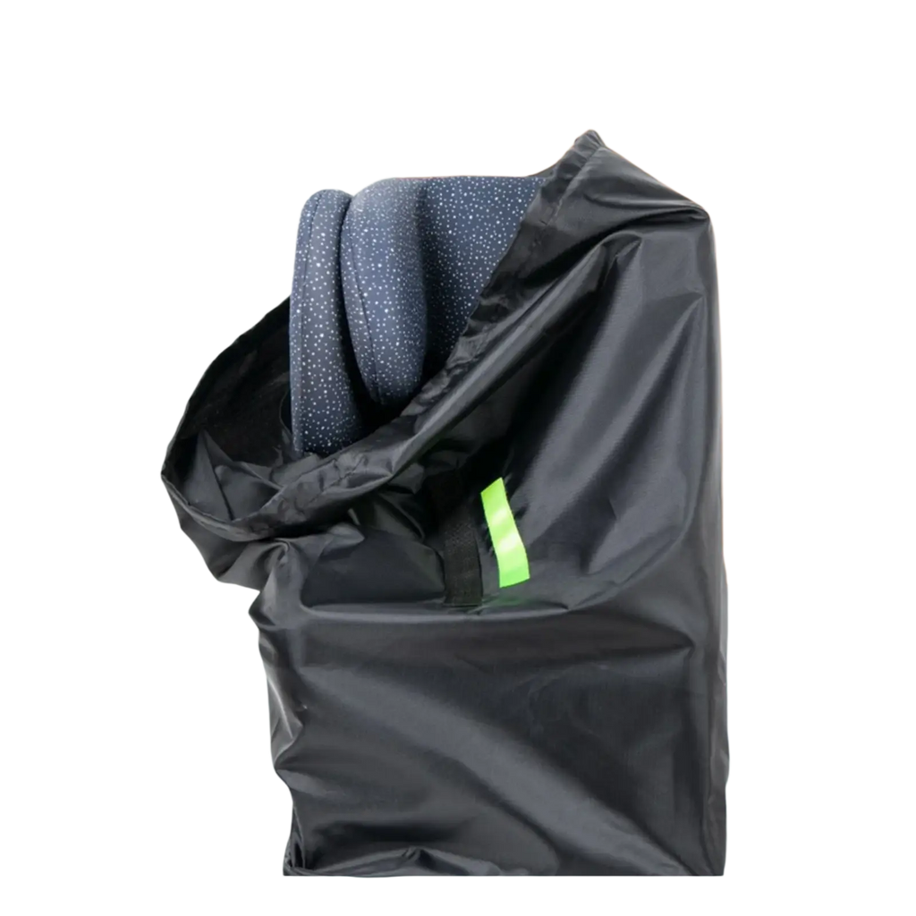 Black waterproof car seat travel bag with bright green reflective strip containing dark blue patterned garment