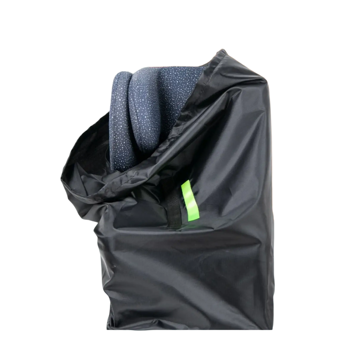 Black waterproof car seat travel bag with bright green reflective strip containing dark blue patterned garment
