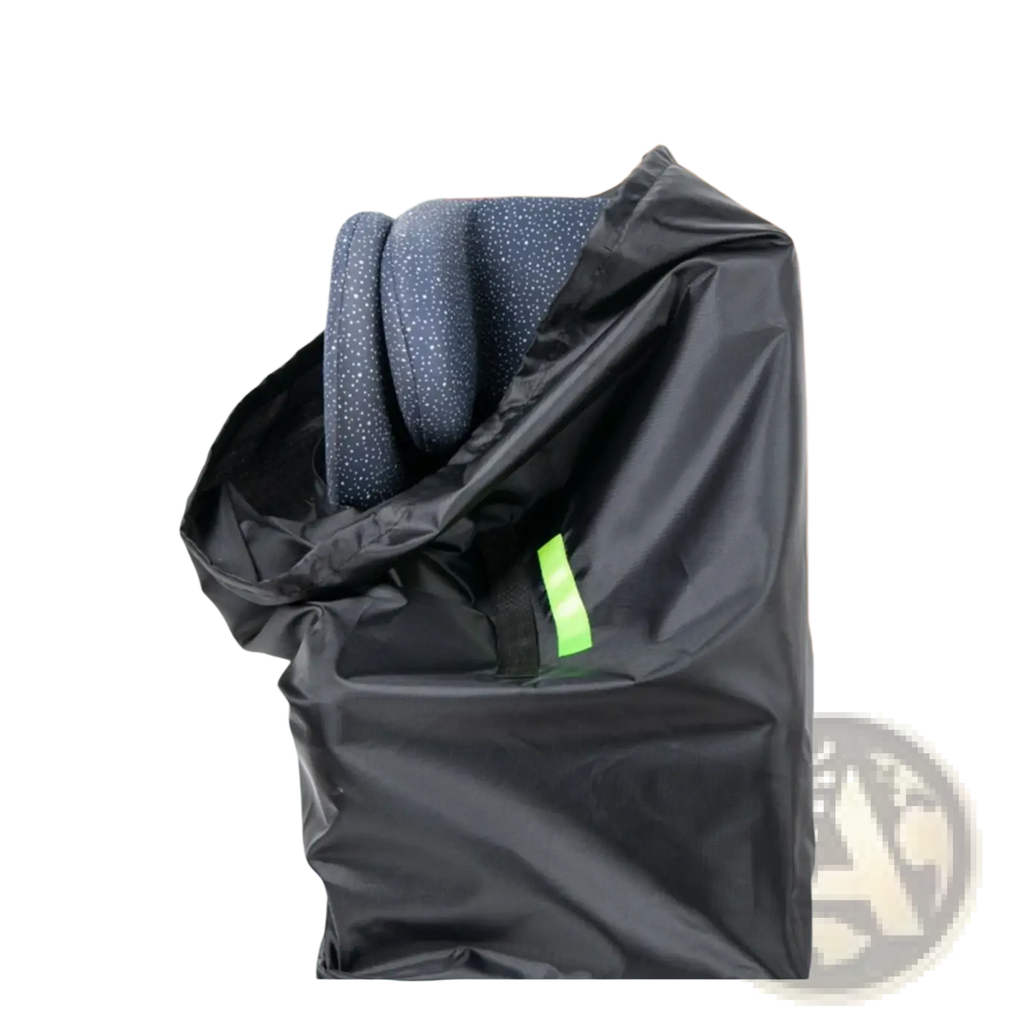 Black waterproof car seat travel bag with bright green reflective strip containing dark blue patterned garment