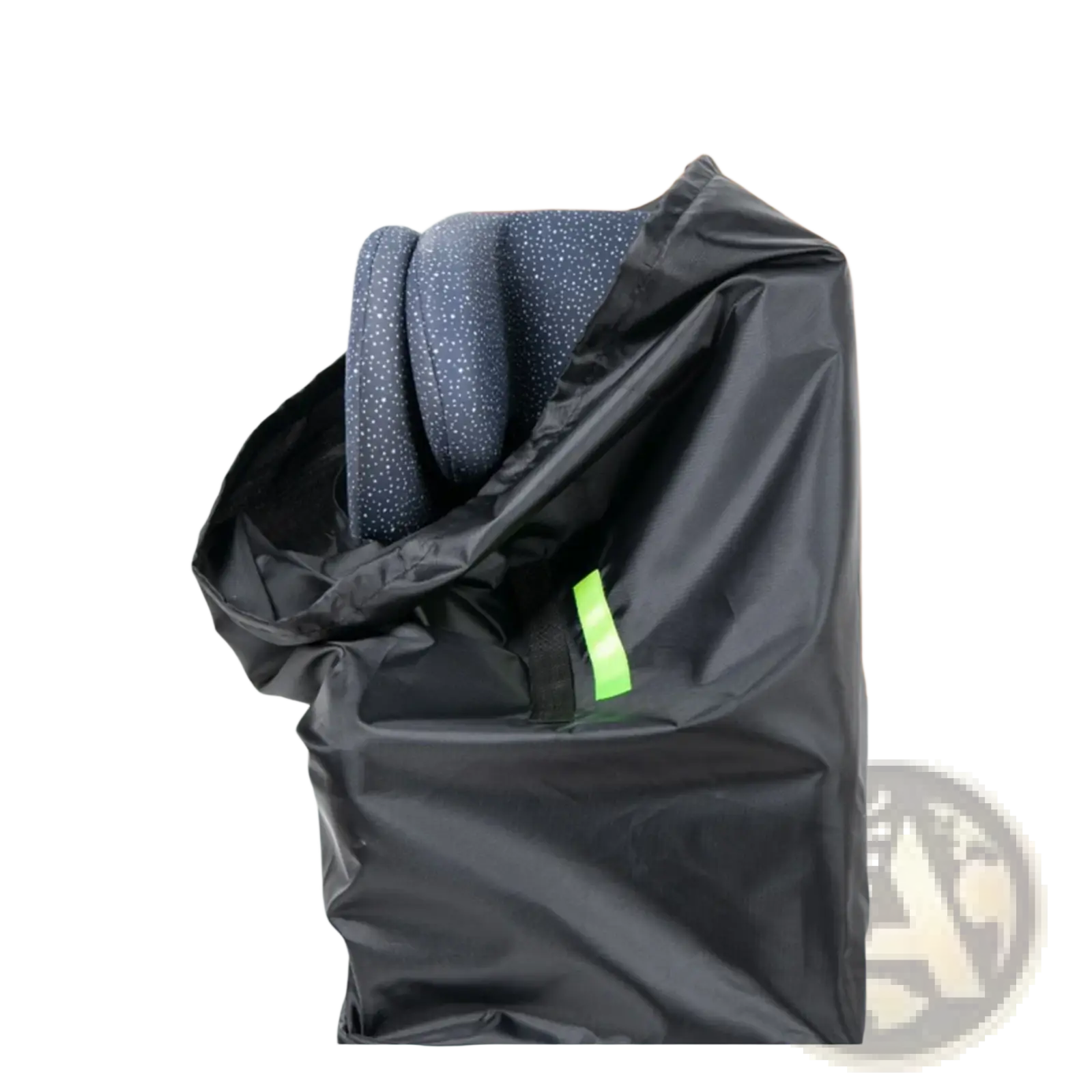Black waterproof car seat travel bag with bright green reflective strip containing dark blue patterned garment