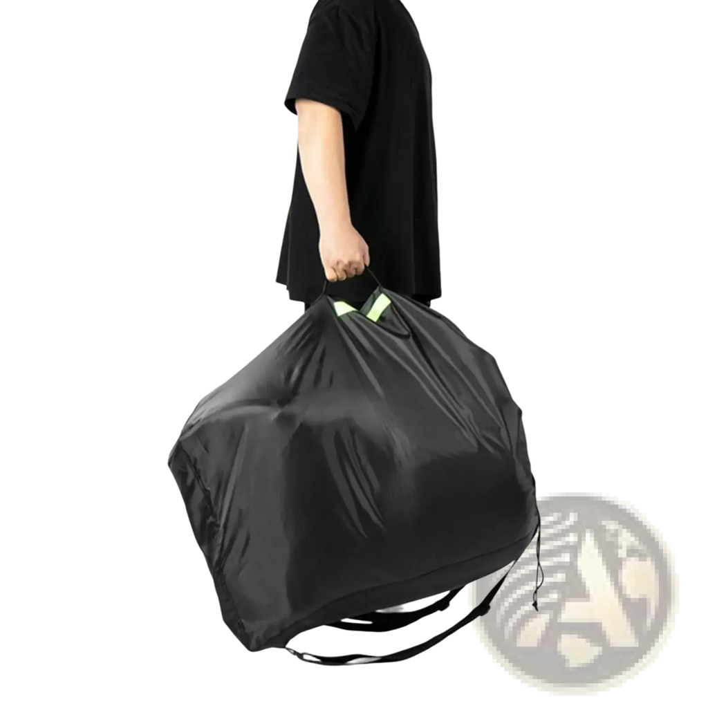 Black lightweight nylon car seat travel bag with waterproof storage, reflective green accents, and adjustable shoulder straps