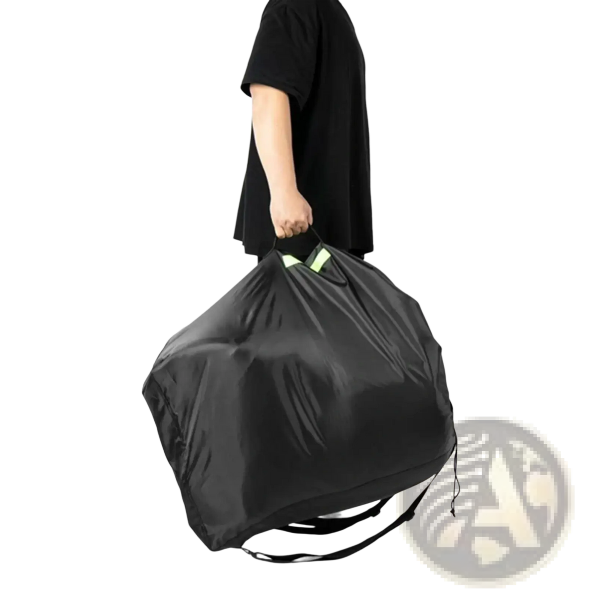 Black lightweight nylon car seat travel bag with waterproof storage, reflective green accents, and adjustable shoulder straps