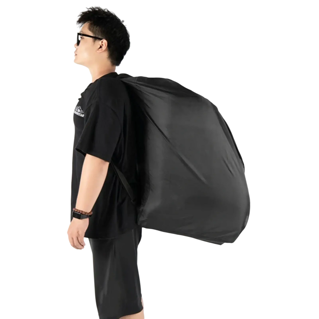 Black lightweight nylon car seat travel bag with adjustable shoulder strap and waterproof storage carrier front view