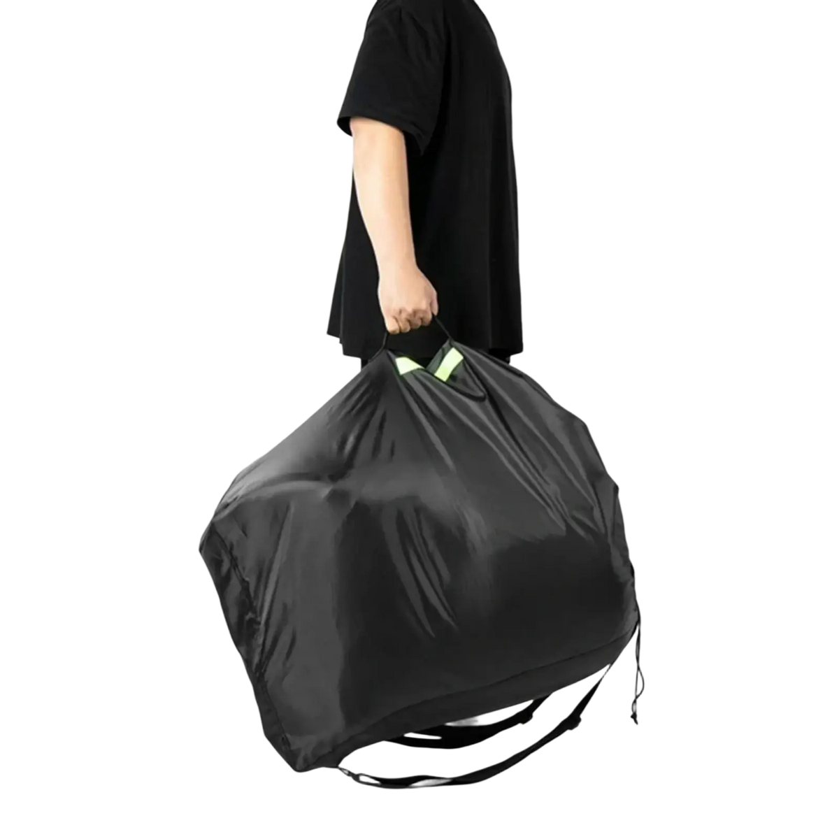 Black lightweight nylon car seat travel bag with waterproof storage, reflective green accents, and adjustable shoulder straps