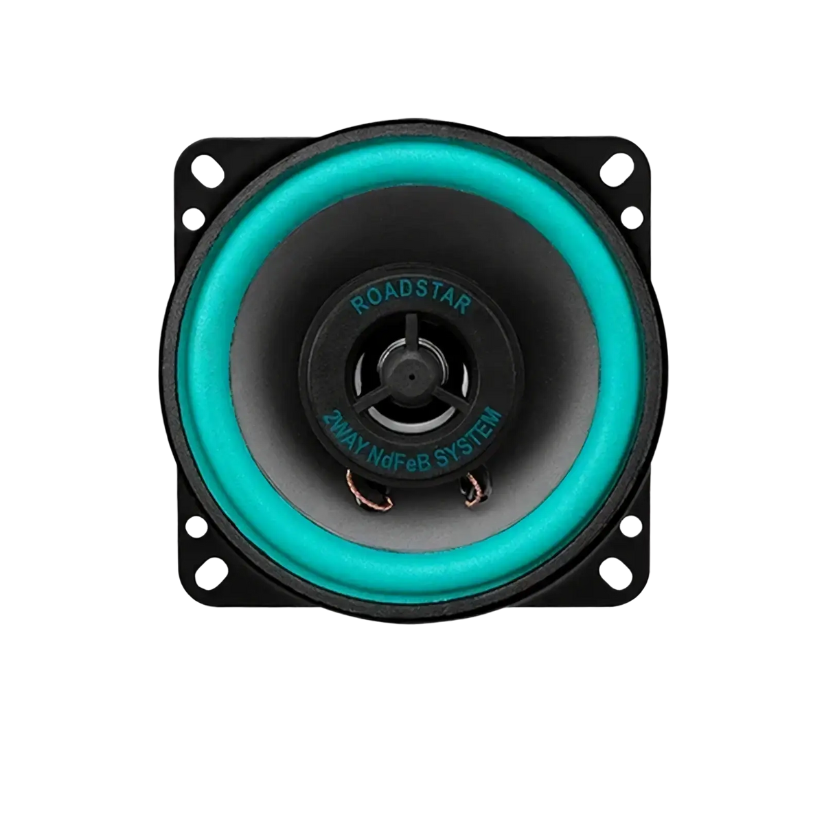 A 4-inch roadstar car speaker with a black frame teal cone surround and 2way ndfeb system for universal hifi coaxial use