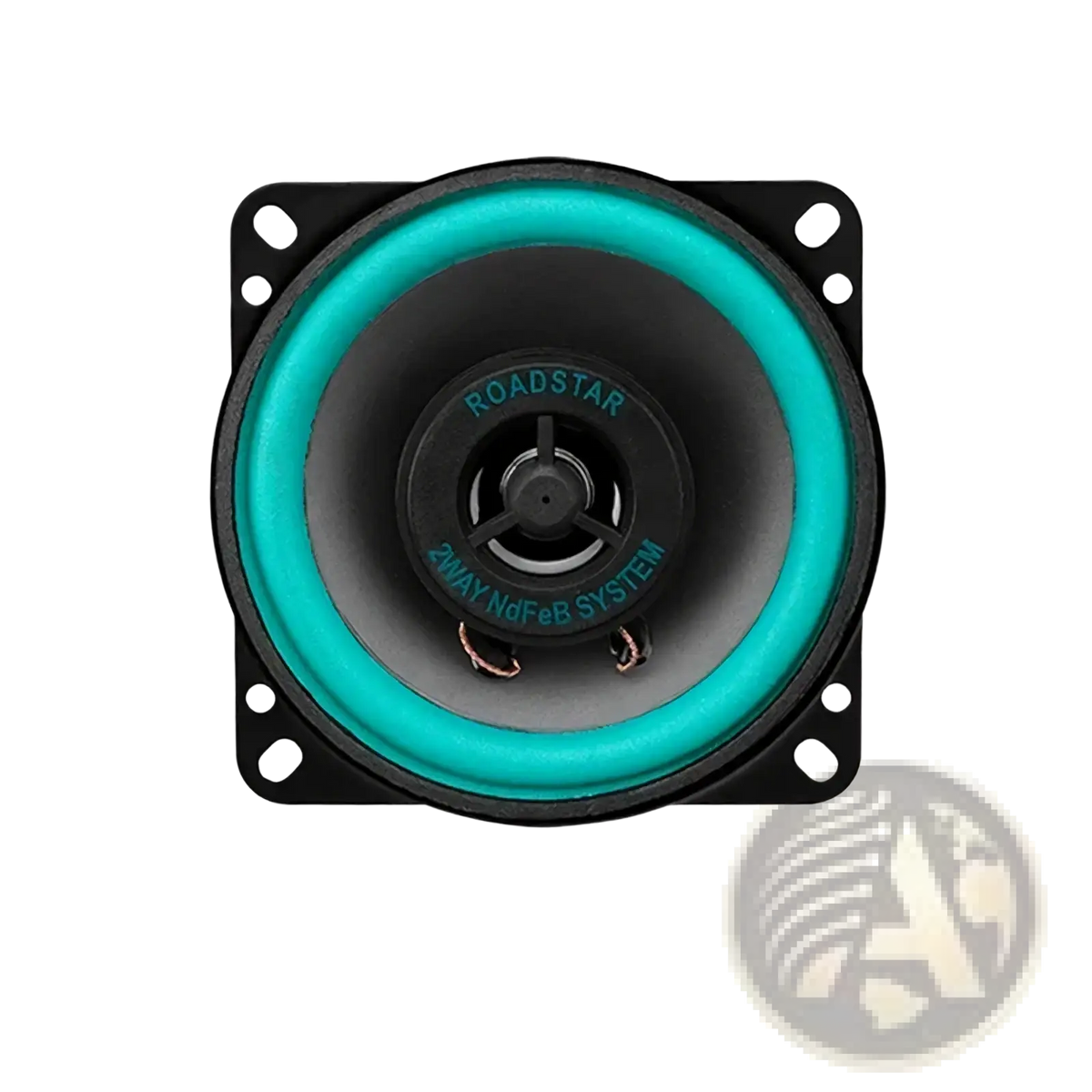 A 4-inch roadstar car speaker with a black frame teal cone surround and 2way ndfeb system for universal hifi coaxial use