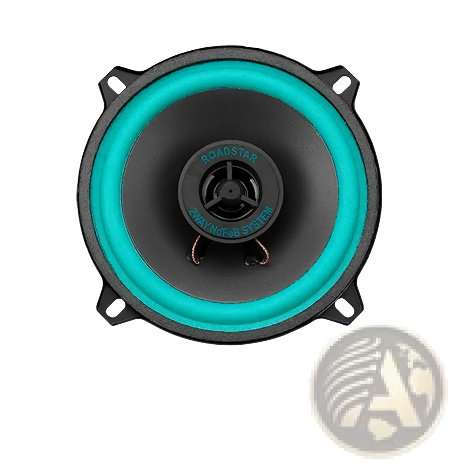 A roadstar 5-inch car speaker with a black cone teal surround and central dust cap for universal hifi coaxial use