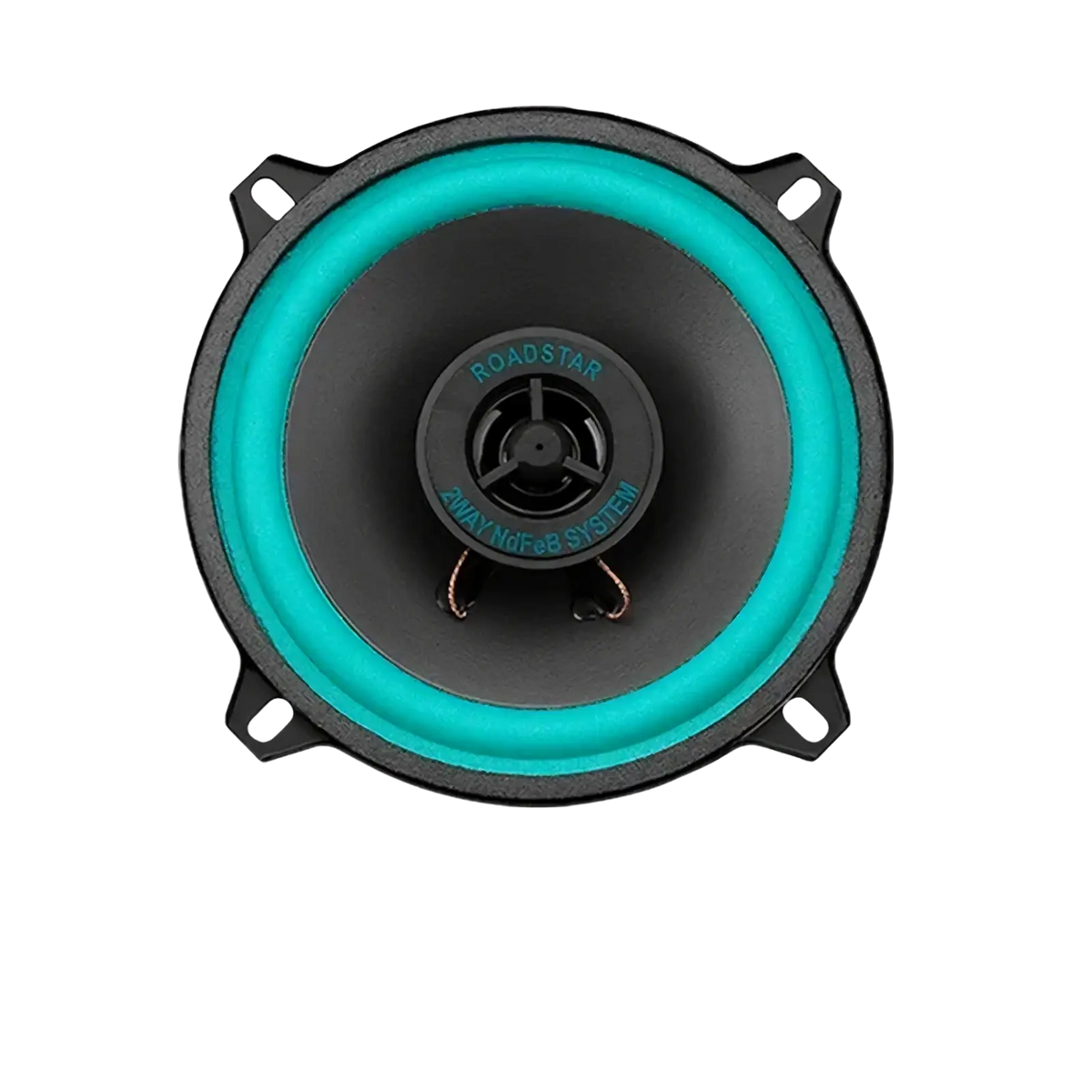 A roadstar 5-inch car speaker with a black cone teal surround and central dust cap for universal hifi coaxial use