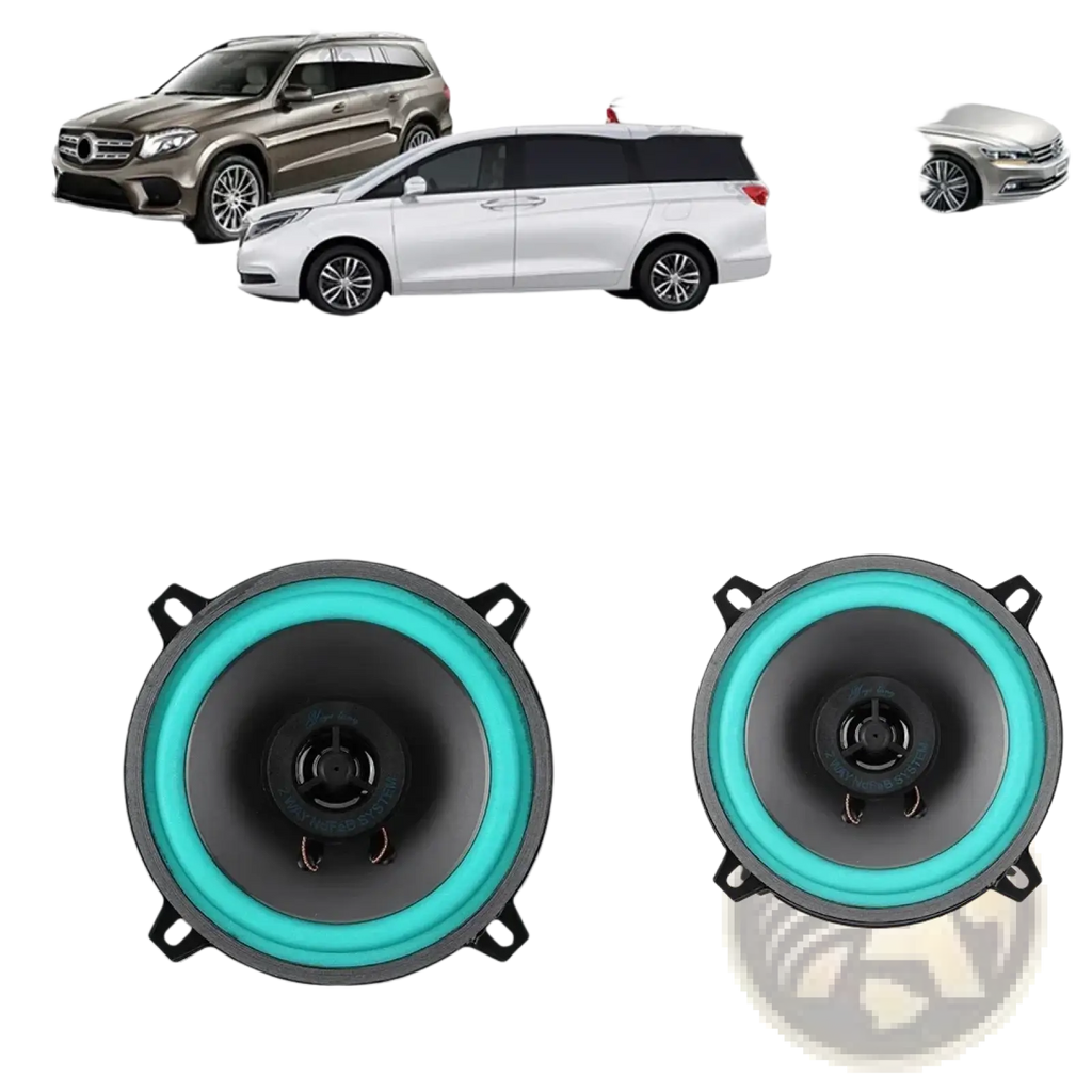 Car speakers universal hifi coaxial subwoofer audio stereo with teal accents black cones and mounting brackets