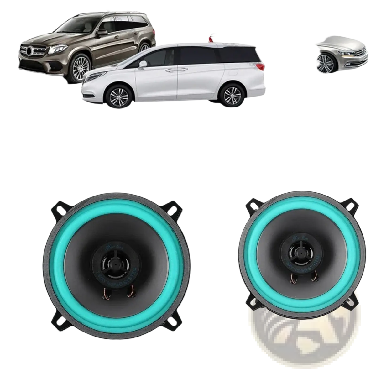 Car speakers universal hifi coaxial subwoofer audio stereo with teal accents black cones and mounting brackets