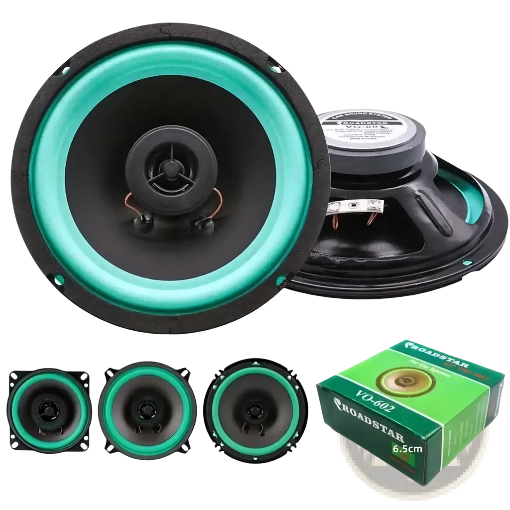 Teal and black 6.5-inch car speaker with greenish-blue cone surround and voice coil for universal hifi coaxial subwoofer audio stereo