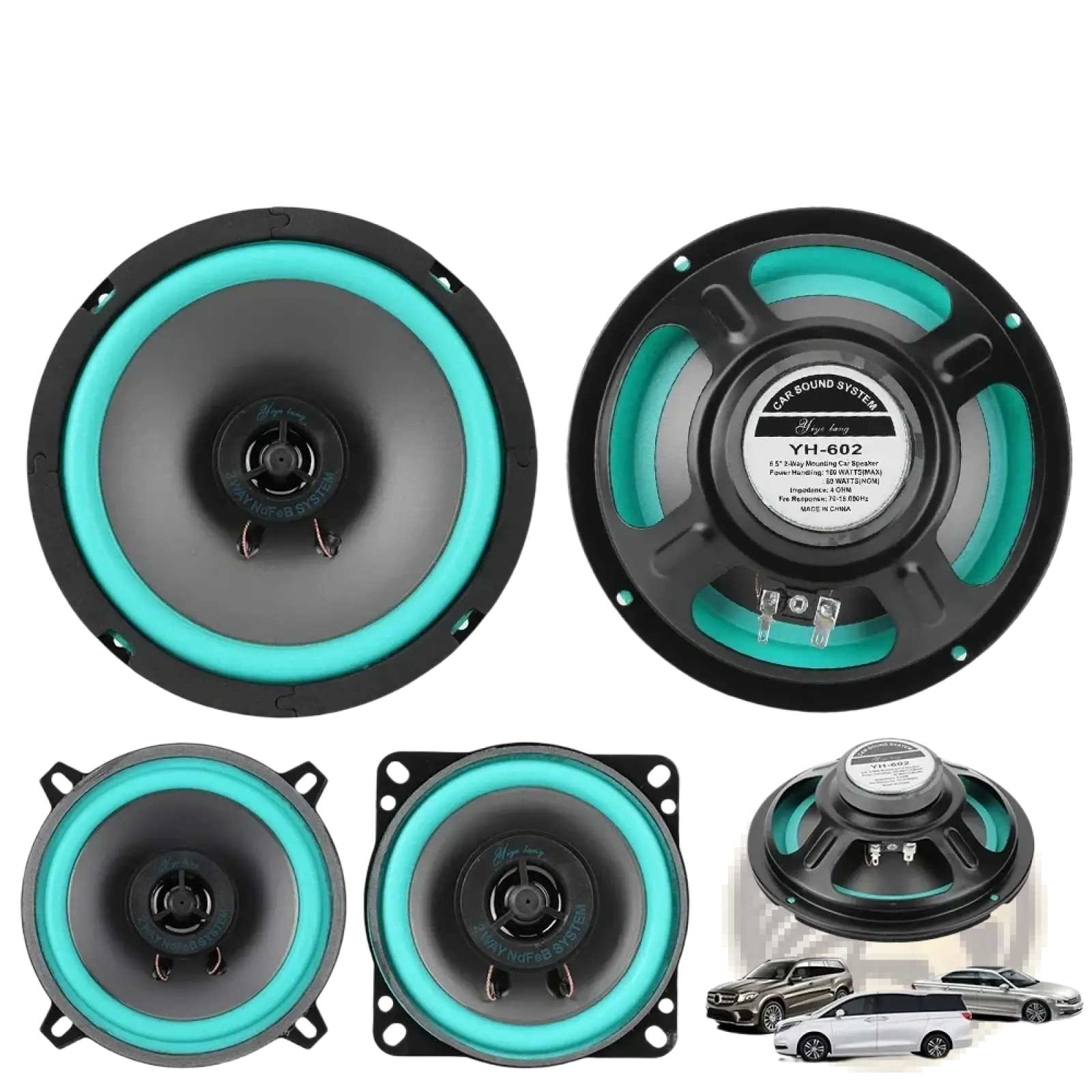 Teal and black 4 to 6 inch universal hifi coaxial car speakers with a sleek circular design for audio stereo use