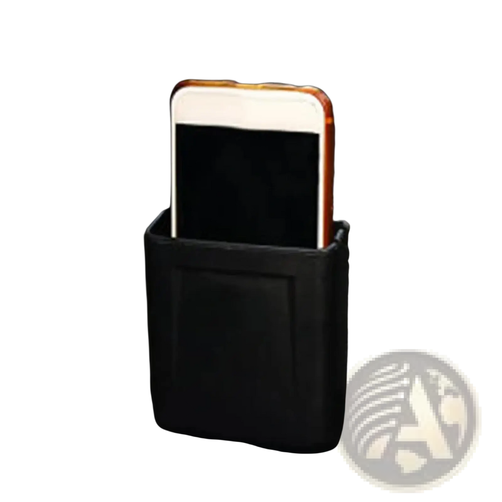 Black leather car storage organizer abs dash pocket mount with a white smartphone in an orange case inside