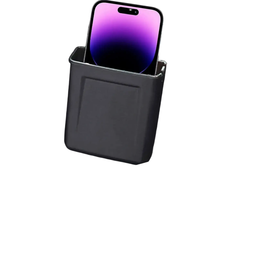 Black plastic abs car storage organizer dash pocket mount holding smartphone with purple gradient screen