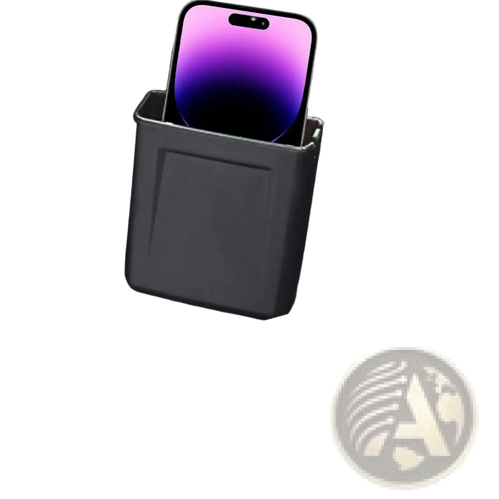 Black plastic abs car storage organizer dash pocket mount holding smartphone with purple gradient screen