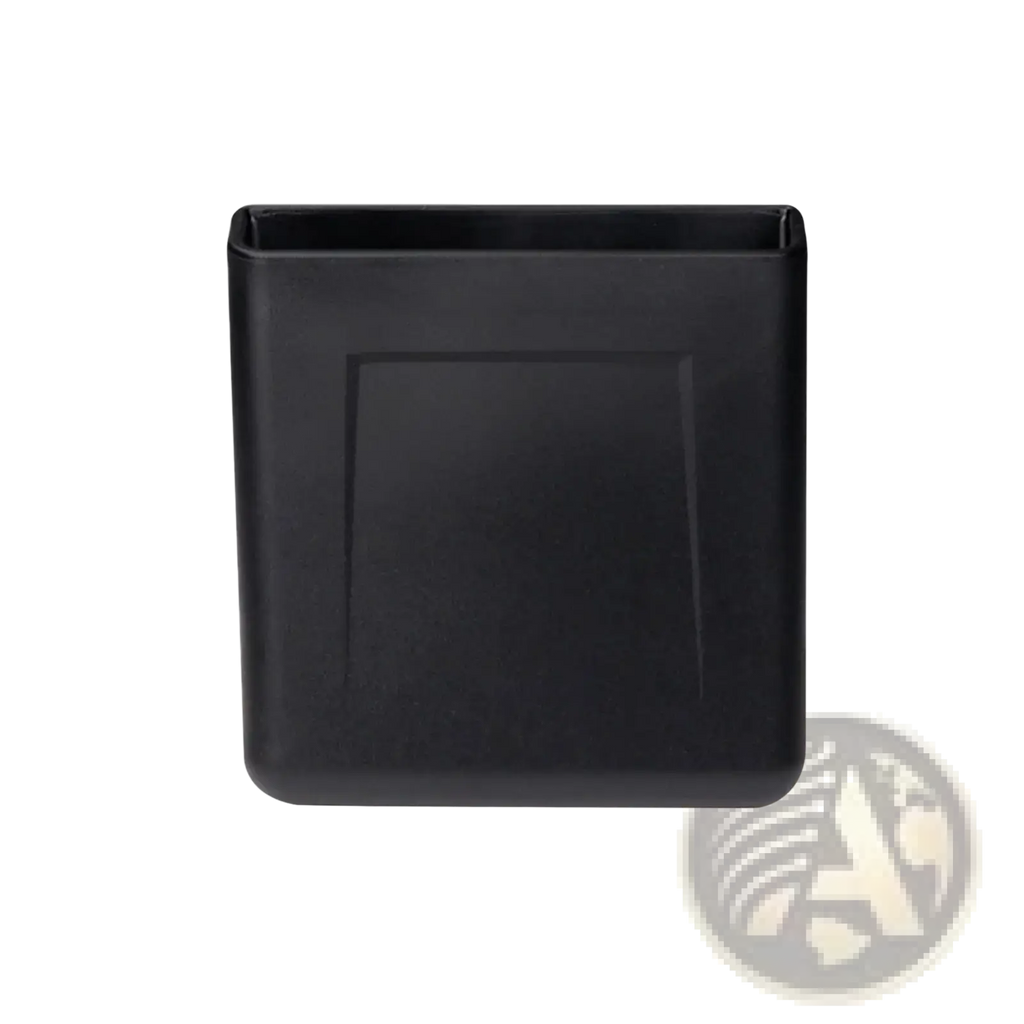 Black rectangular plastic car storage organizer with rounded edges and recessed panel for dash pocket mount